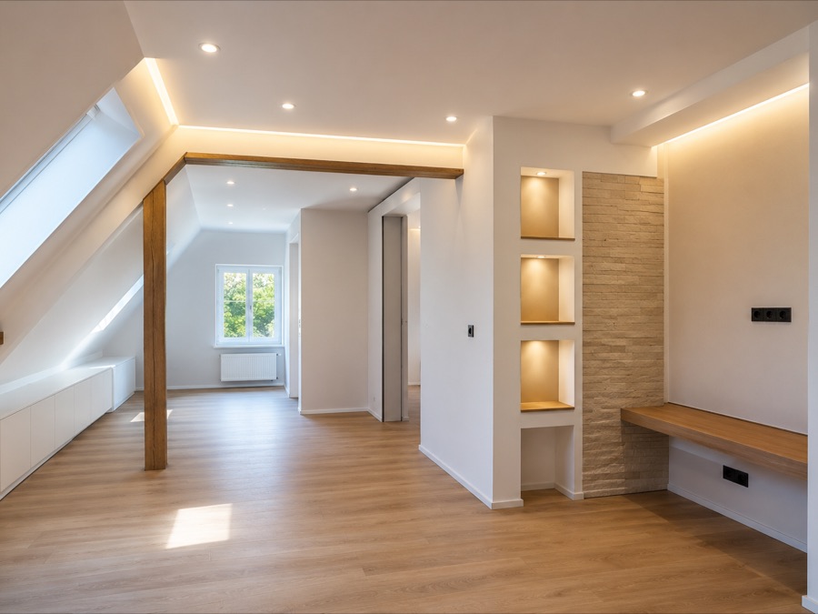 Fertig ausgebauter Wohnraum mit Holzboden